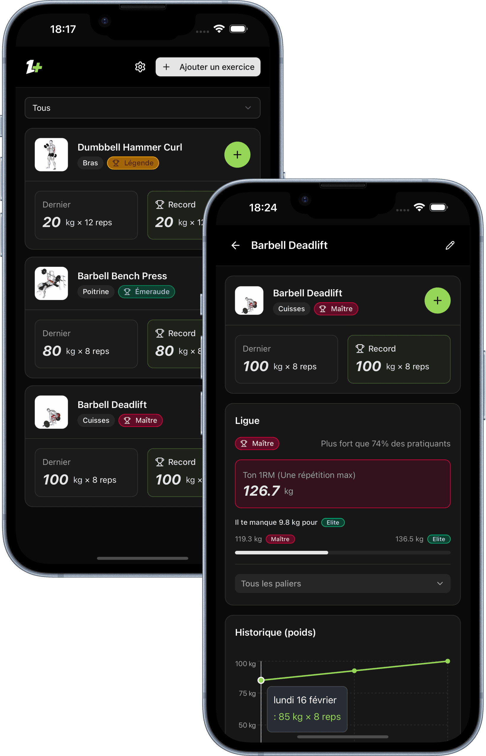 Liste d'exercices et détail Barbell Deadlift dans l'app One More — ligue, 1RM et historique
